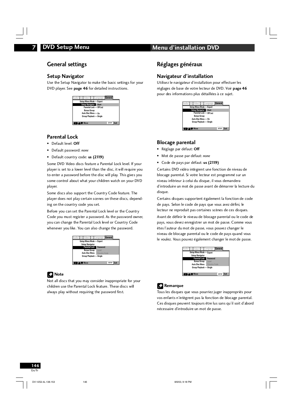 Dvd setup menu 7 menu d’installation dvd, General settings, Réglages généraux | Setup navigator, Parental lock, Navigateur d’installation, Blocage parental, Remarque | Marantz DV-12S2 User Manual | Page 146 / 188