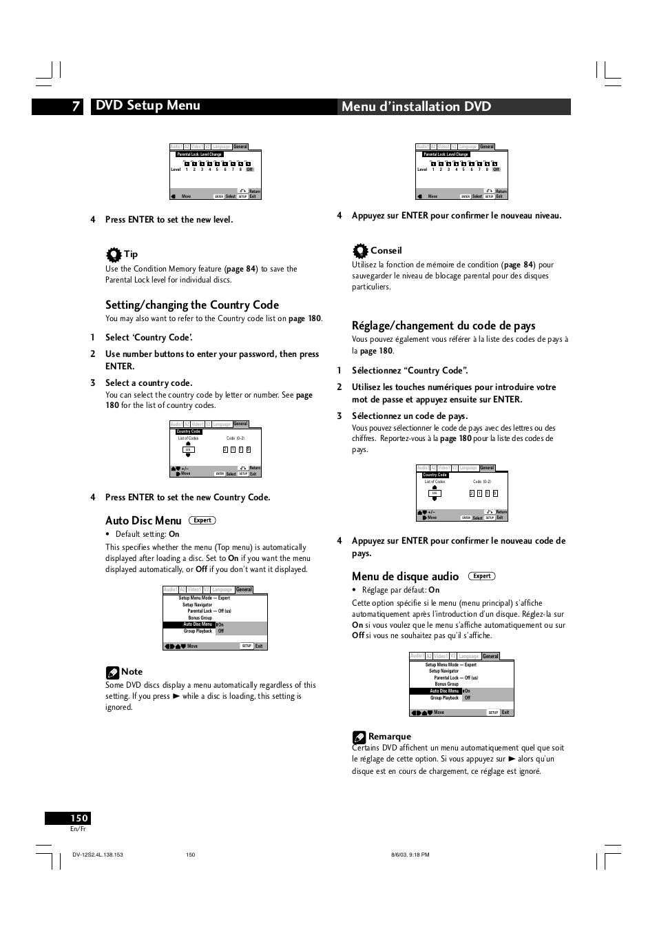 Dvd setup menu 7 menu d’installation dvd, Setting/changing the country code, Auto disc menu | Réglage/changement du code de pays, Menu de disque audio, 4press enter to set the new level. tip, 4press enter to set the new country code, Remarque | Marantz DV-12S2 User Manual | Page 150 / 188