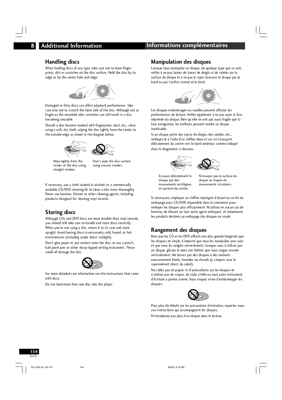 Handling discs, Storing discs, Manipulation des disques | Rangement des disques | Marantz DV-12S2 User Manual | Page 154 / 188