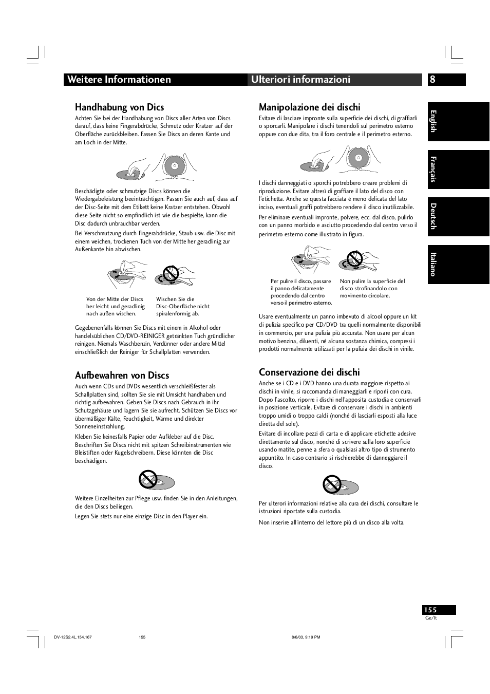 8weitere informationen ulteriori informazioni, Handhabung von dics, Aufbewahren von discs | Manipolazione dei dischi, Conservazione dei dischi | Marantz DV-12S2 User Manual | Page 155 / 188