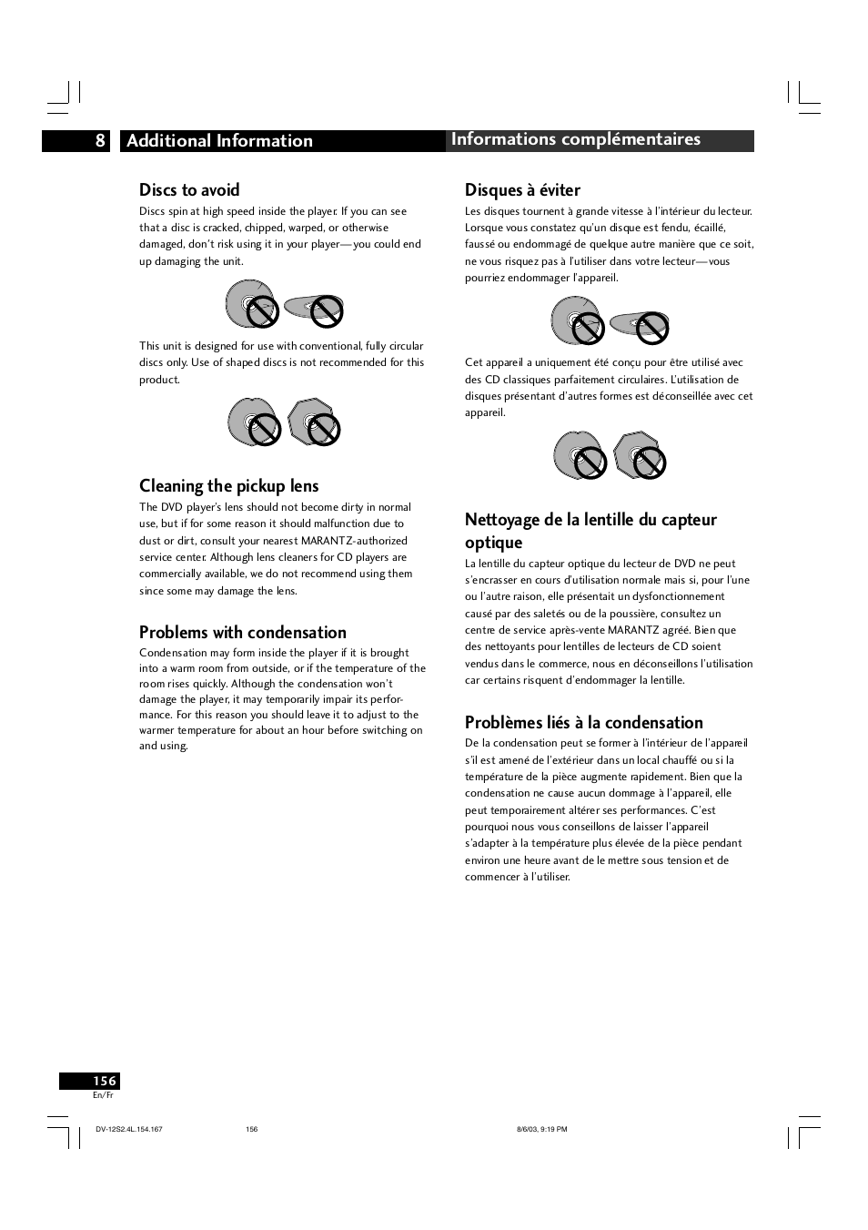 Discs to avoid, Cleaning the pickup lens, Problems with condensation | Disques à éviter, Nettoyage de la lentille du capteur optique, Problèmes liés à la condensation | Marantz DV-12S2 User Manual | Page 156 / 188