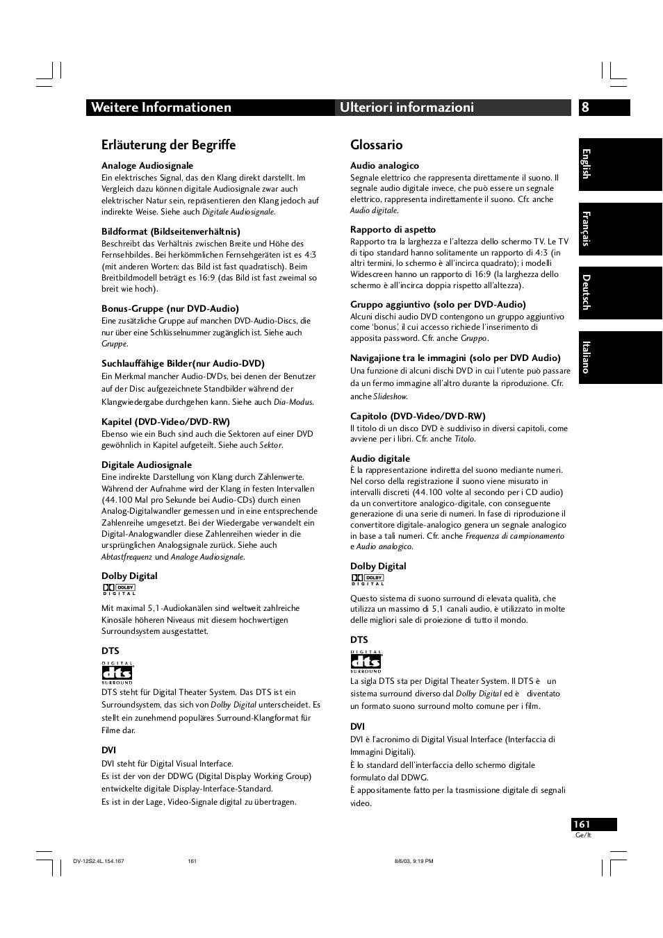 8weitere informationen ulteriori informazioni, Erläuterung der begriffe, Glossario | Marantz DV-12S2 User Manual | Page 161 / 188