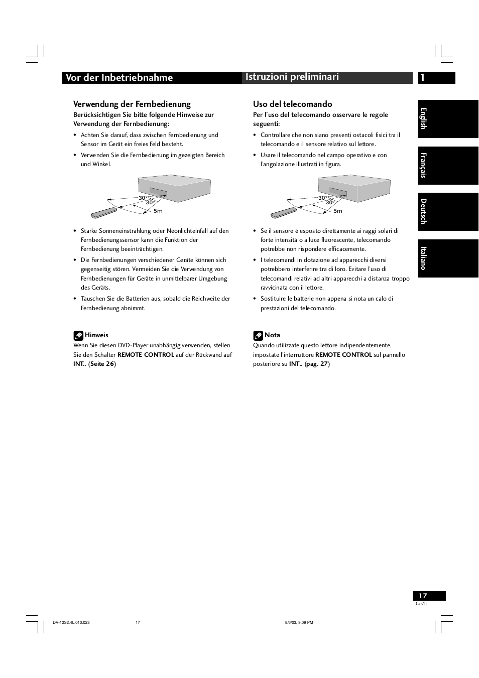 1vor der inbetriebnahme istruzioni preliminari, Verwendung der fernbedienung, Uso del telecomando | Marantz DV-12S2 User Manual | Page 17 / 188