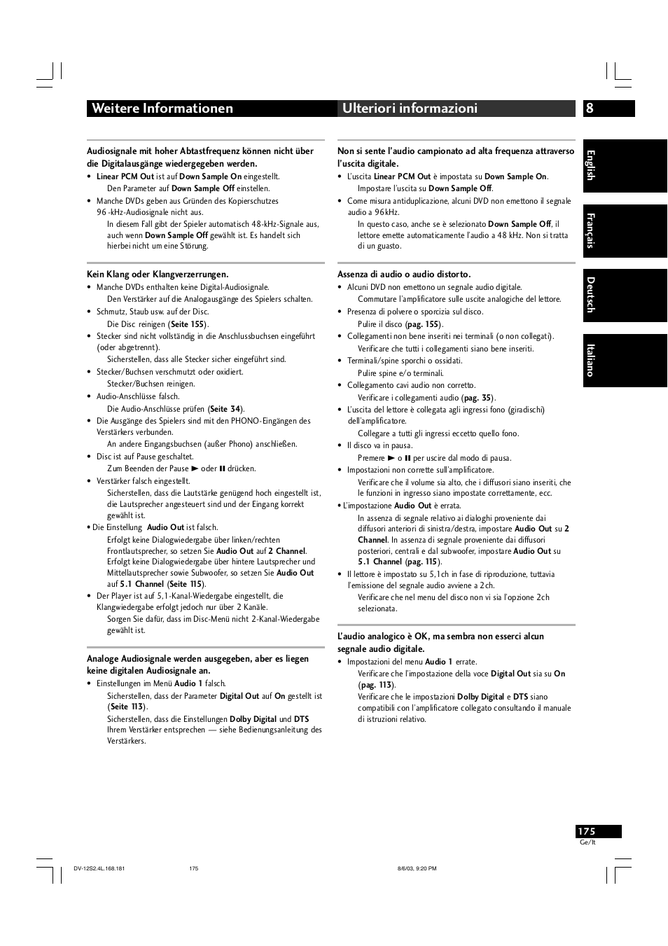 8weitere informationen ulteriori informazioni | Marantz DV-12S2 User Manual | Page 175 / 188