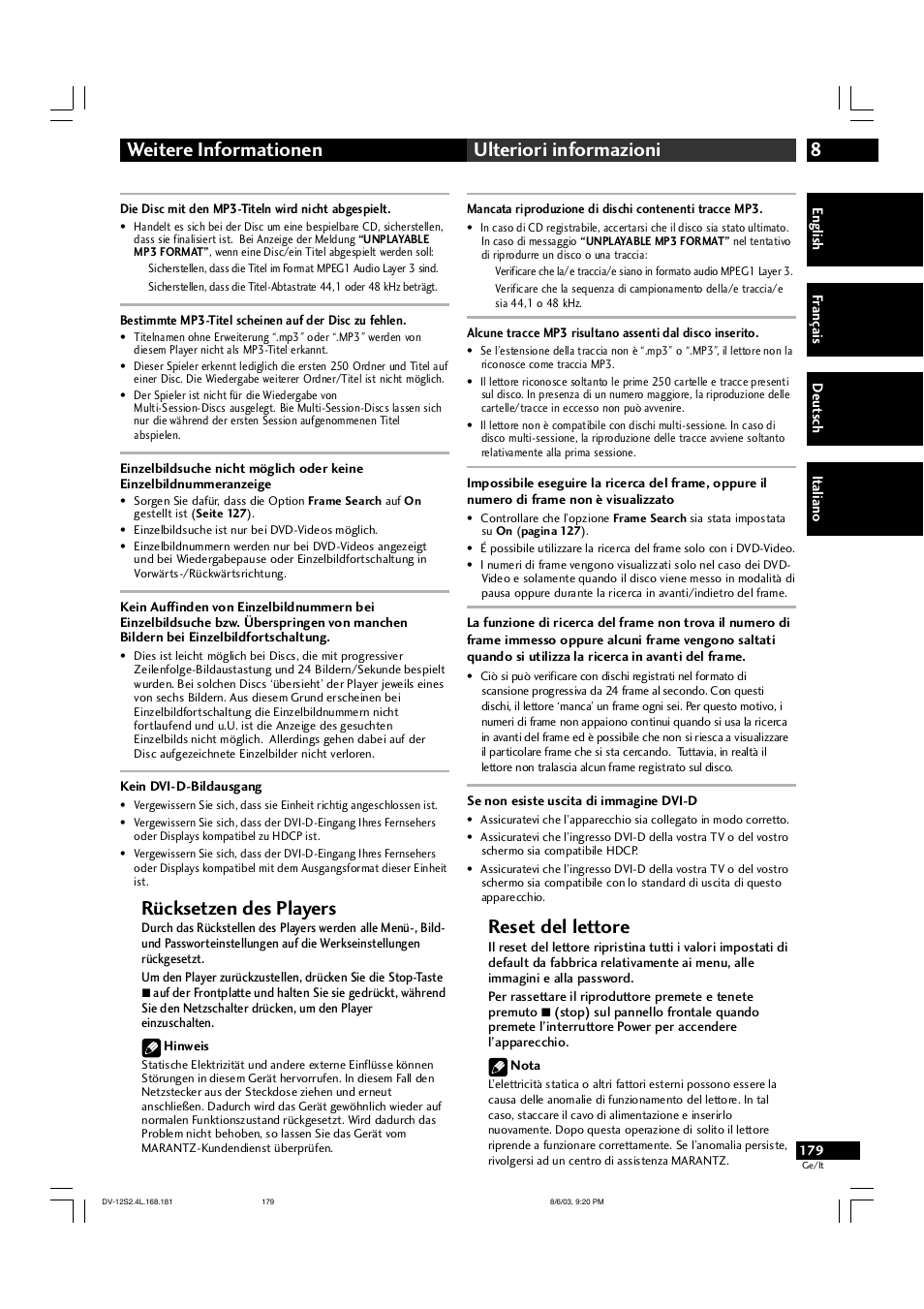 8weitere informationen ulteriori informazioni, Rücksetzen des players, Reset del lettore | Marantz DV-12S2 User Manual | Page 179 / 188