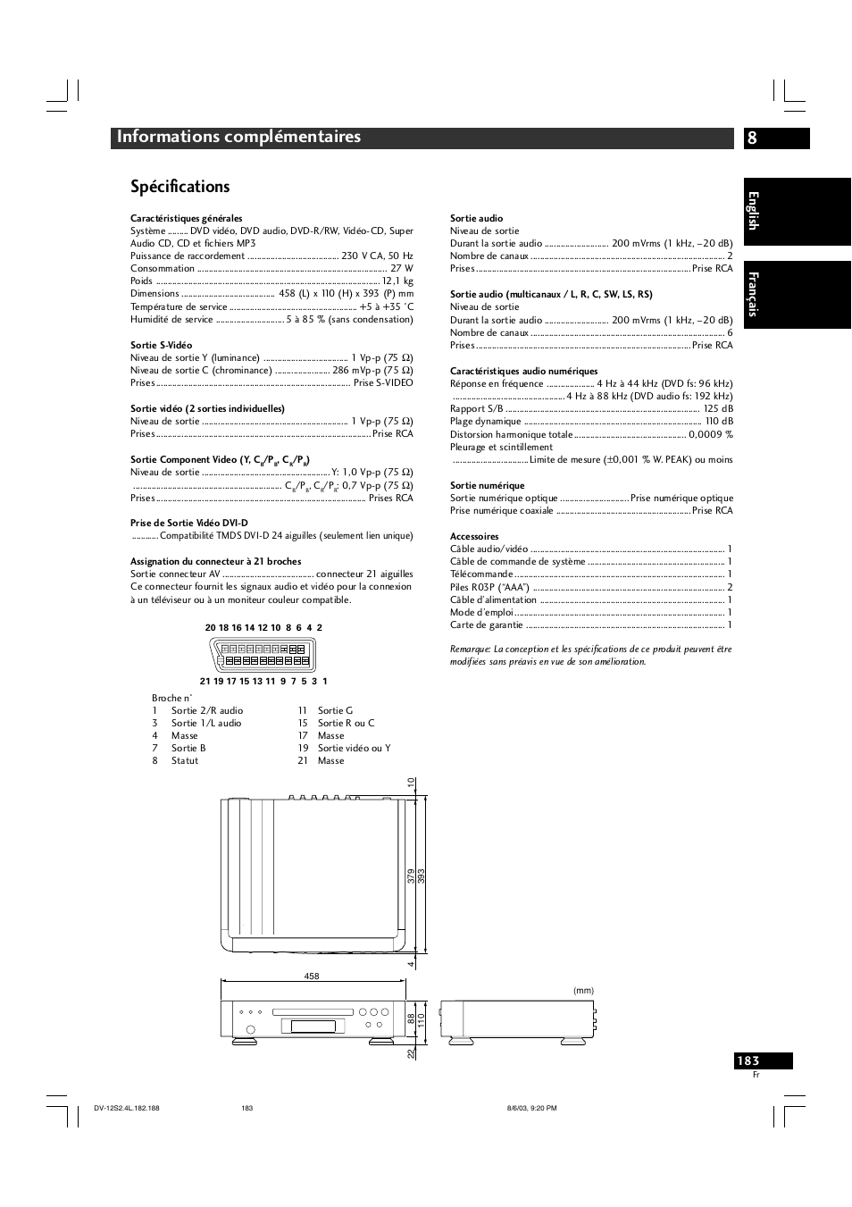 8informations complémentaires, Spécifications, English fr ançais | Marantz DV-12S2 User Manual | Page 183 / 188