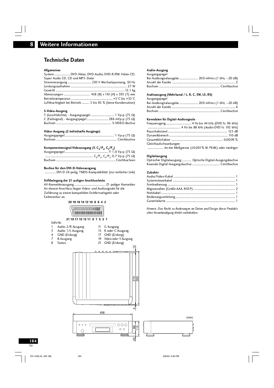 Weitere informationen 8, Technische daten | Marantz DV-12S2 User Manual | Page 184 / 188