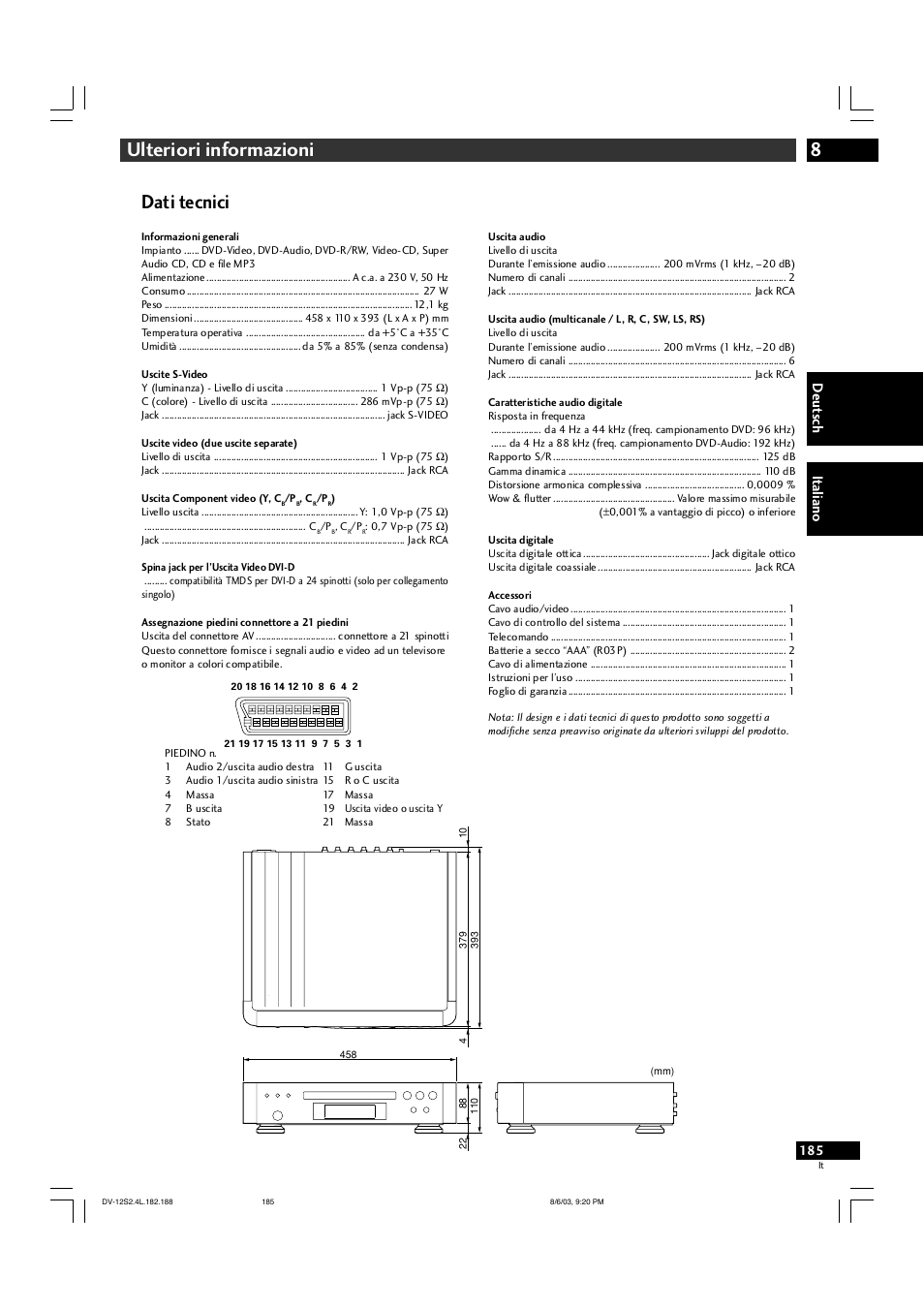 8ulteriori informazioni, Dati tecnici, Deut sch it aliano | Marantz DV-12S2 User Manual | Page 185 / 188