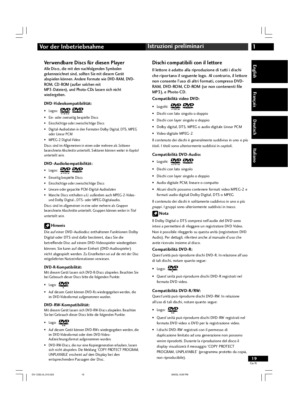 1vor der inbetriebnahme istruzioni preliminari, Verwendbare discs für diesen player, Dischi compatibili con il lettore | Marantz DV-12S2 User Manual | Page 19 / 188