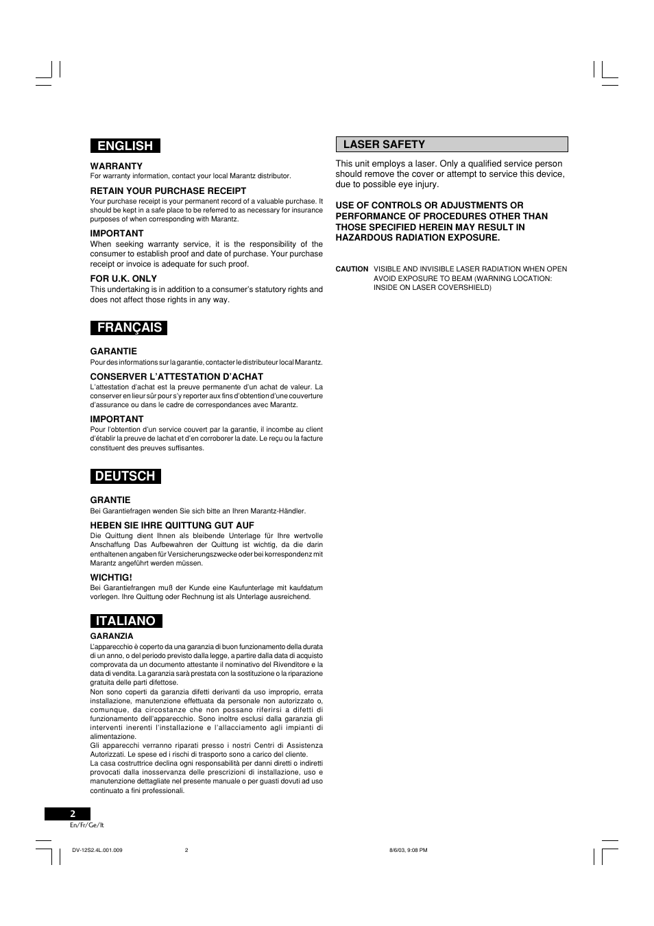 English, Français, Deutsch | Italiano | Marantz DV-12S2 User Manual | Page 2 / 188