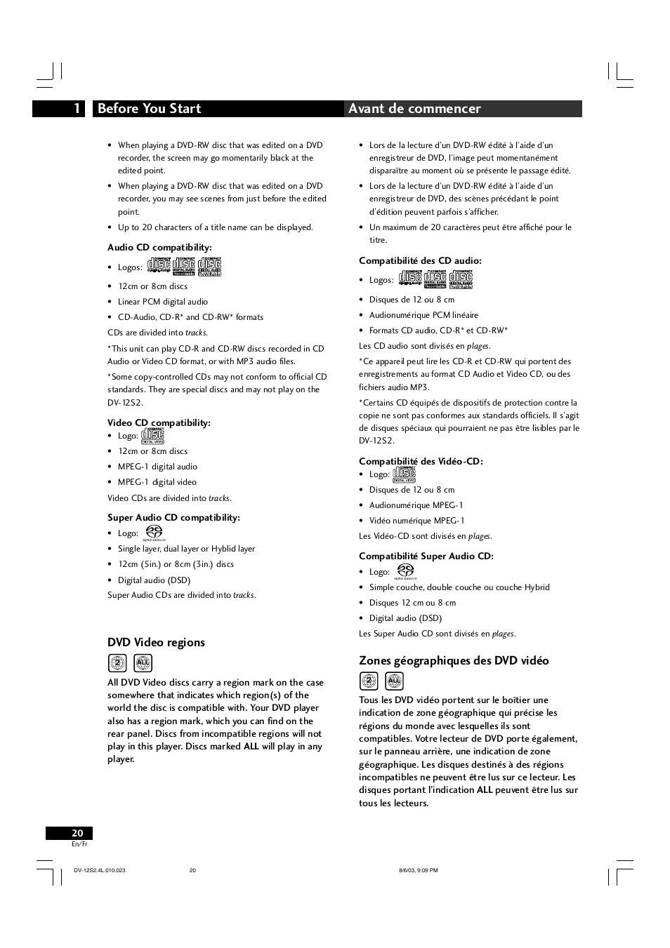 Before you start 1 avant de commencer, Dvd video regions, Zones géographiques des dvd vidéo | Marantz DV-12S2 User Manual | Page 20 / 188