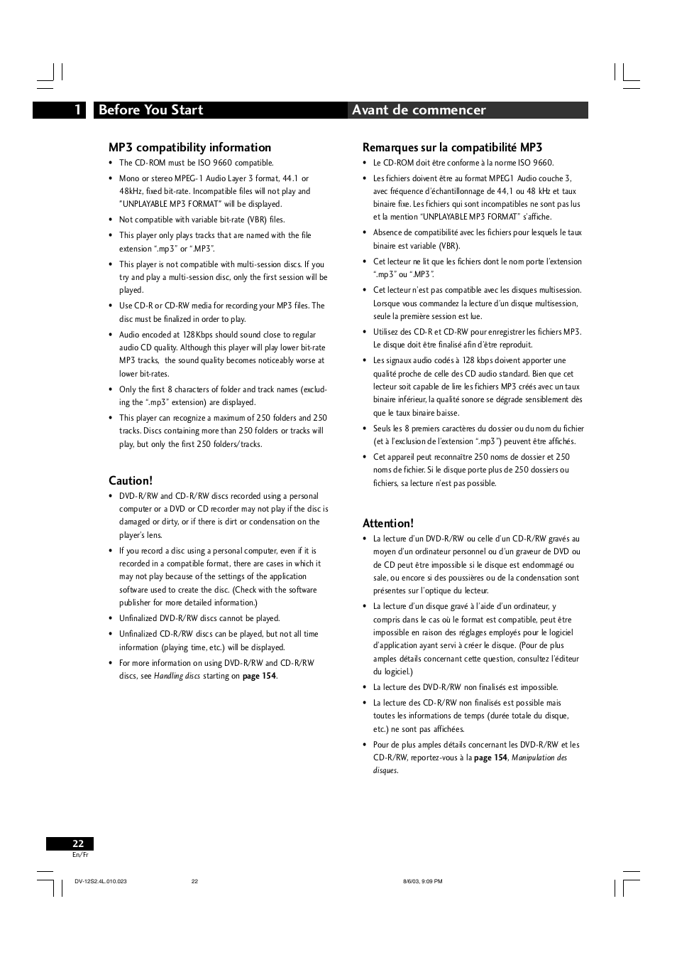 Before you start 1 avant de commencer, Mp3 compatibility information, Caution | Remarques sur la compatibilité mp3, Attention | Marantz DV-12S2 User Manual | Page 22 / 188