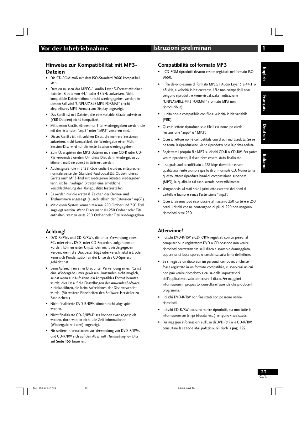 1vor der inbetriebnahme istruzioni preliminari, Hinweise zur kompatibilität mit mp3- dateien, Achtung | Compatibilità col formato mp3, Attenzione | Marantz DV-12S2 User Manual | Page 23 / 188