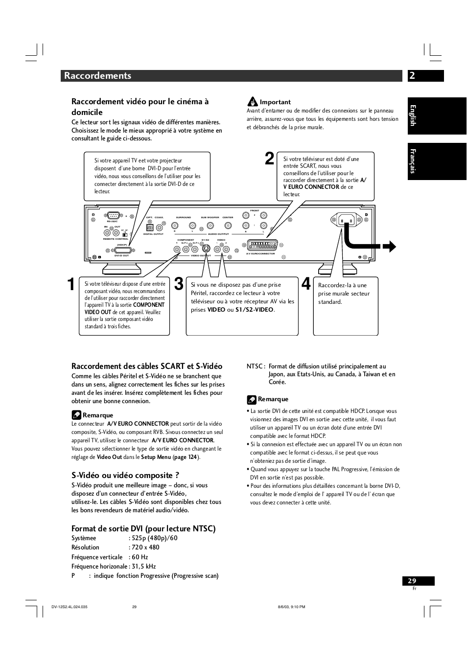 2raccordements, Raccordement vidéo pour le cinéma à domicile, Raccordement des câbles scart et s-vidéo | S-vidéo ou vidéo composite, Format de sortie dvi (pour lecture ntsc), English fr ançais | Marantz DV-12S2 User Manual | Page 29 / 188