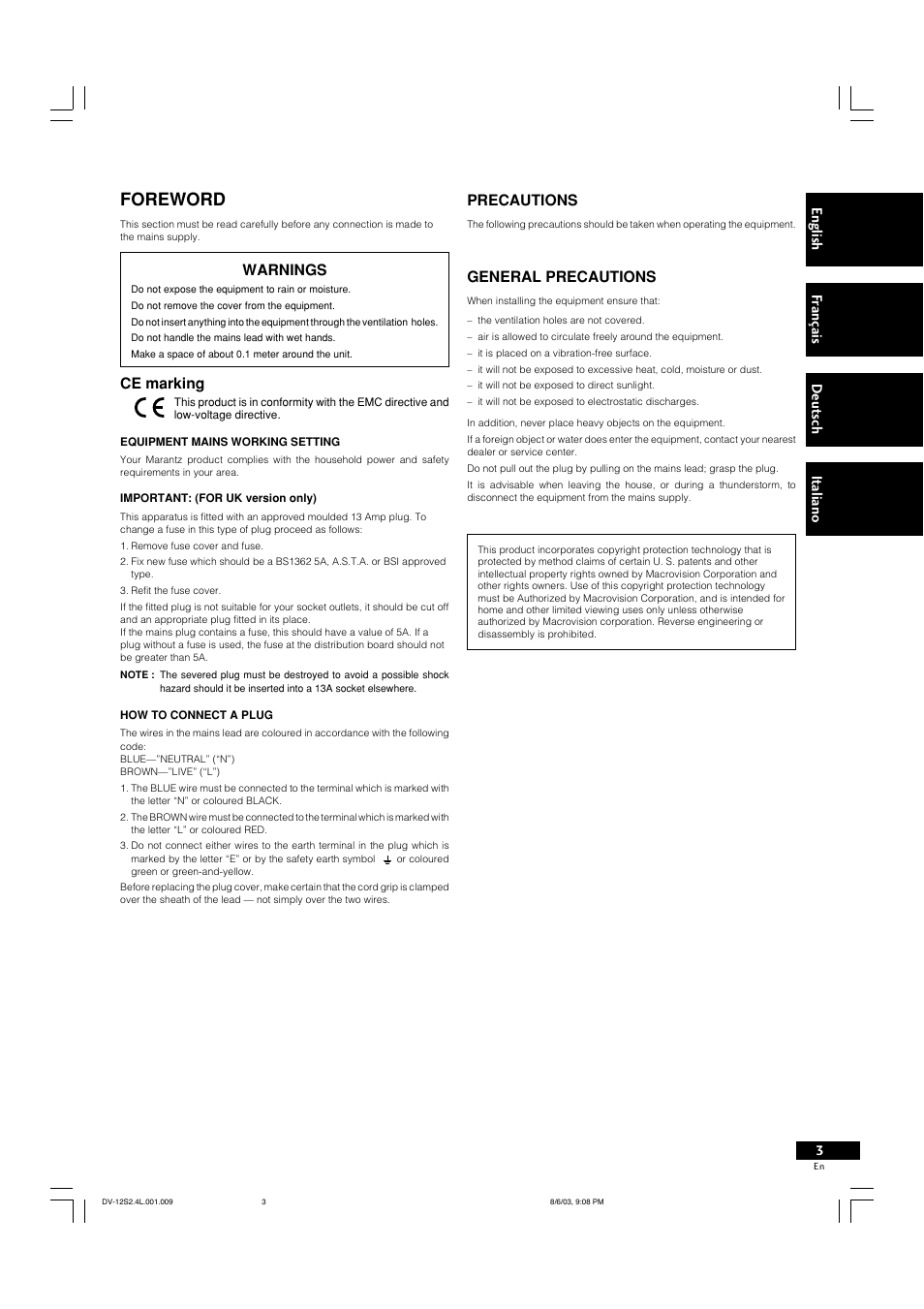 Foreword, Deut sch it aliano english fr ançais, Warnings | Ce marking, Precautions, General precautions | Marantz DV-12S2 User Manual | Page 3 / 188