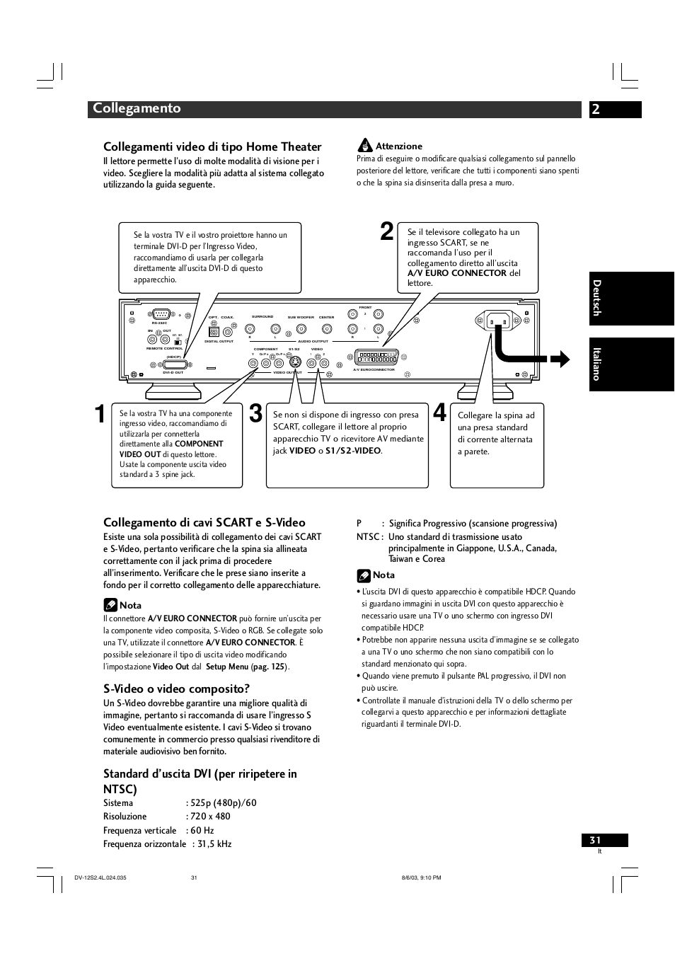 2collegamento, Collegamenti video di tipo home theater, Collegamento di cavi scart e s-video | S-video o video composito, Standard d’uscita dvi (per riripetere in ntsc), Deut sch it aliano, Nota | Marantz DV-12S2 User Manual | Page 31 / 188