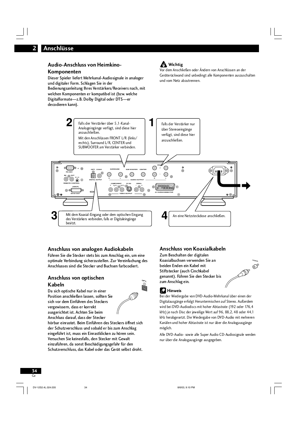 Anschlüsse 2, Audio-anschluss von heimkino- komponenten, Anschluss von analogen audiokabeln | Anschluss von optischen kabeln, Anschluss von koaxialkabeln, Wichtig | Marantz DV-12S2 User Manual | Page 34 / 188