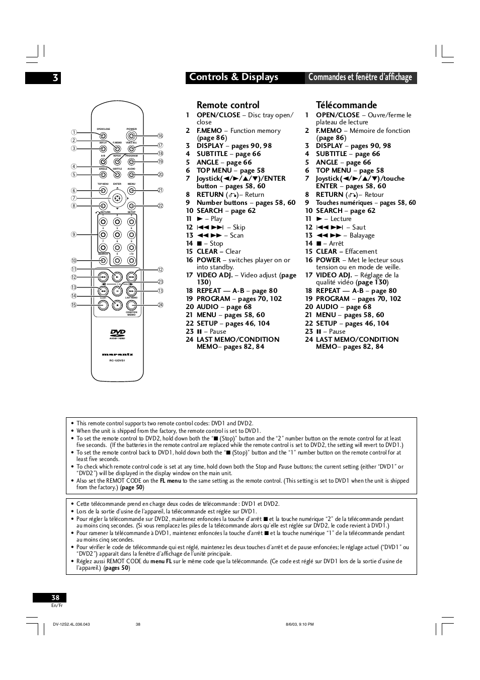 Remote control, Télécommande | Marantz DV-12S2 User Manual | Page 38 / 188