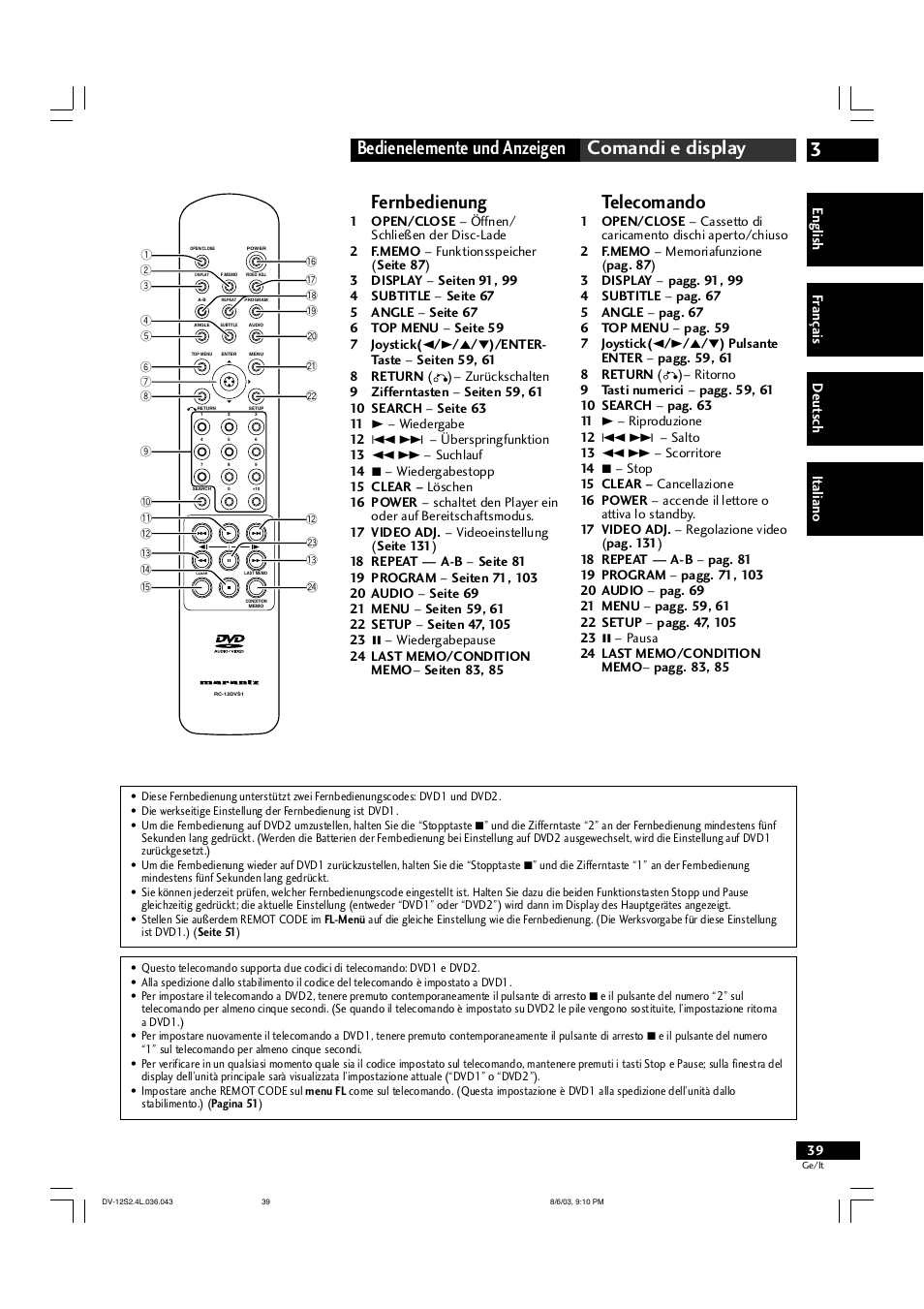 3bedienelemente und anzeigen comandi e display, Telecomando, Fernbedienung | English fr ançais deut sch it aliano | Marantz DV-12S2 User Manual | Page 39 / 188