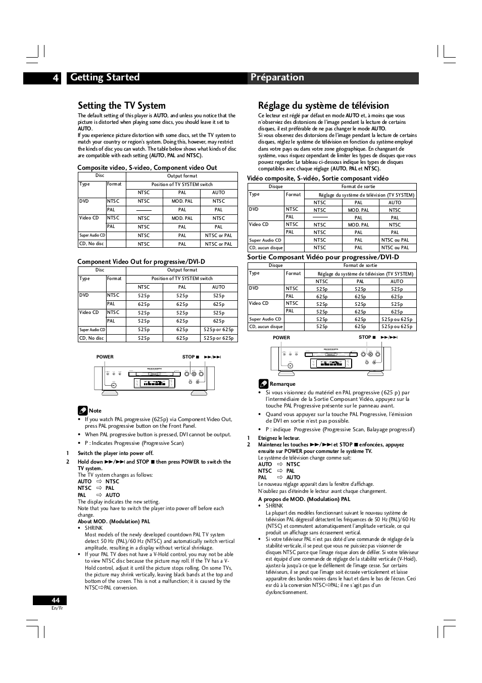 Getting started 4 préparation, Réglage du système de télévision, Setting the tv system | Marantz DV-12S2 User Manual | Page 44 / 188