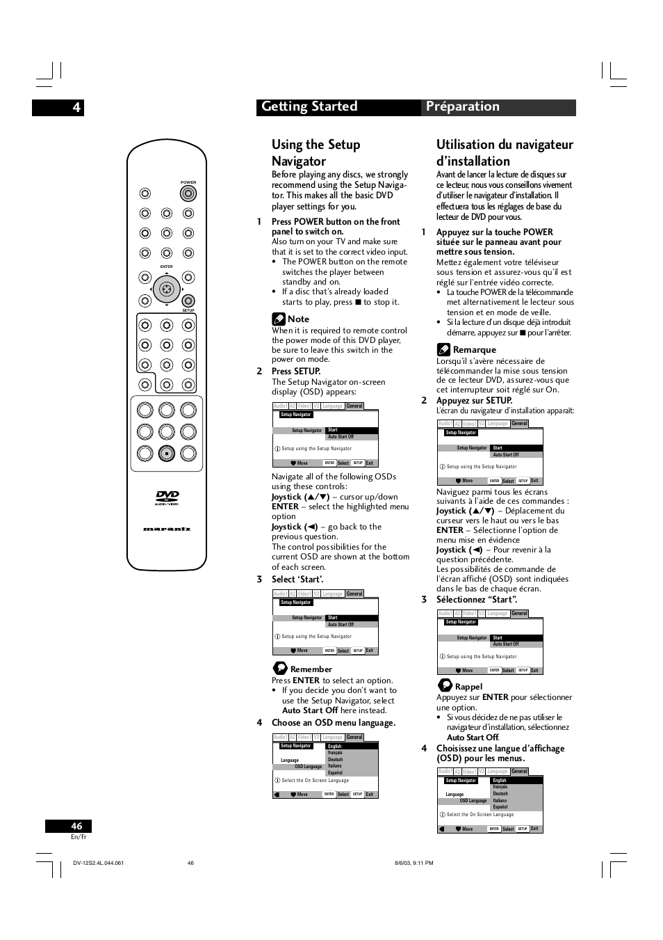 Getting started 4 préparation, Using the setup navigator, Utilisation du navigateur d’installation | 2 press setup, 3 select ‘start, 4 choose an osd menu language, Remarque, 2 appuyez sur setup, 3 sélectionnez “start, L’écran du navigateur d’installation apparaît | Marantz DV-12S2 User Manual | Page 46 / 188