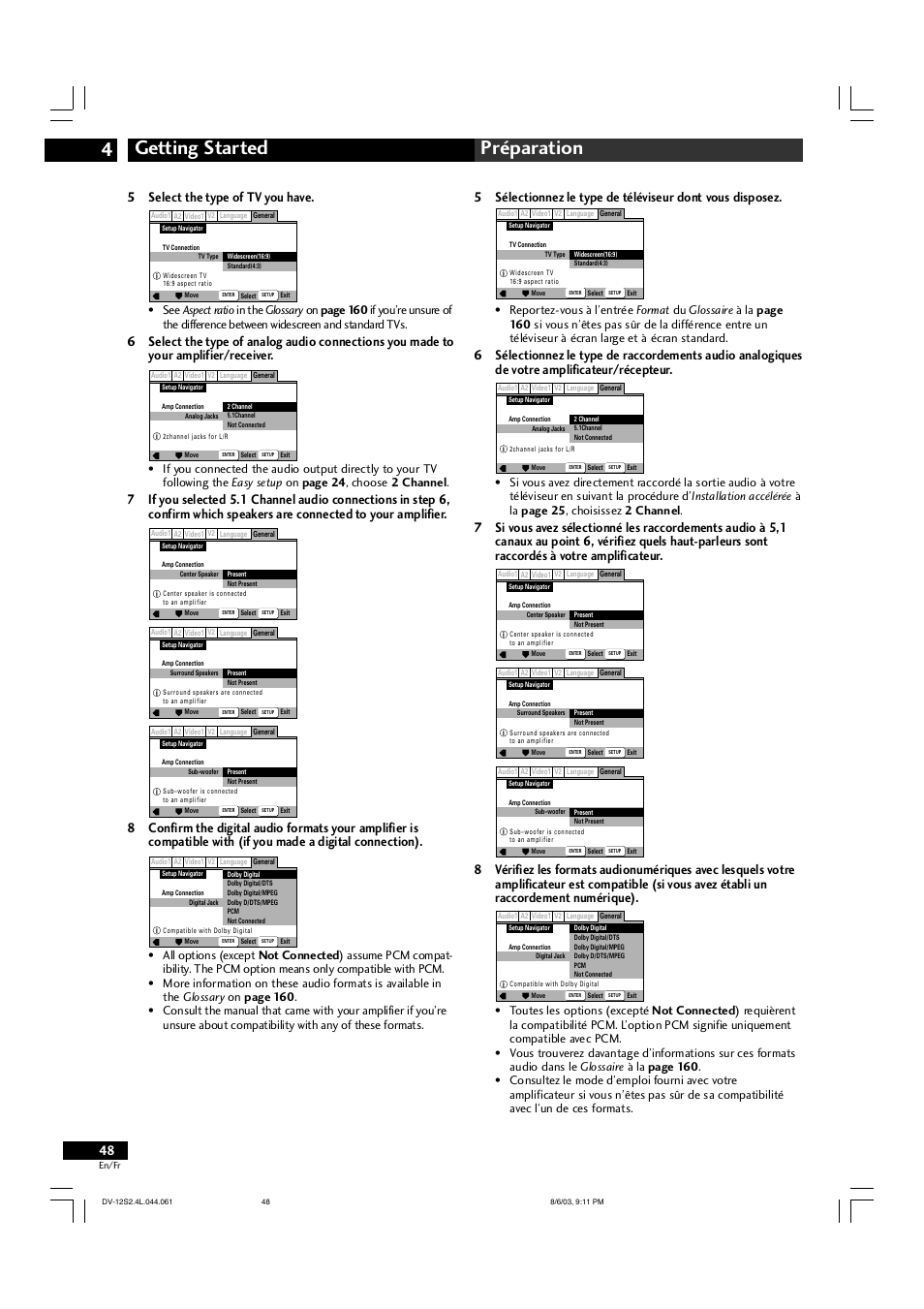 Getting started 4 préparation, 5 select the type of tv you have | Marantz DV-12S2 User Manual | Page 48 / 188