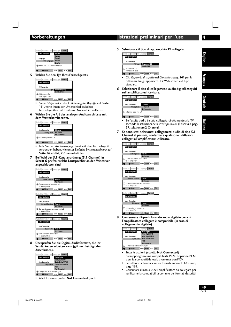 4vorbereitungen istruzioni preliminari per l’uso, English fr ançais deut sch it aliano, 5 wählen sie den typ ihres fernsehgeräts | 5 selezionare il tipo di apparecchio tv collegato, Alle optionen (außer not connected (nicht | Marantz DV-12S2 User Manual | Page 49 / 188