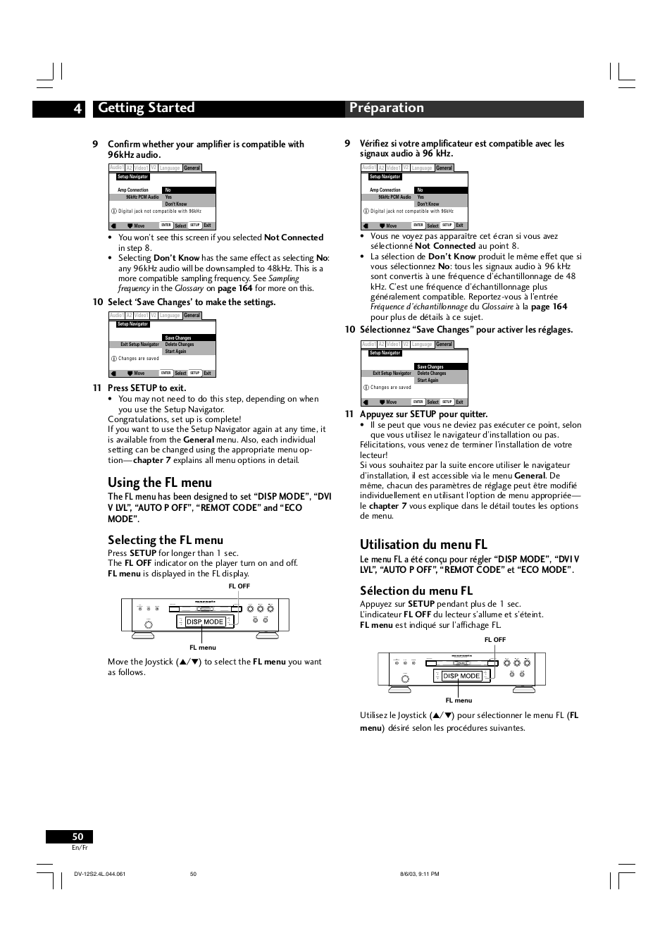Getting started 4 préparation, Using the fl menu, Utilisation du menu fl | Selecting the fl menu, Sélection du menu fl | Marantz DV-12S2 User Manual | Page 50 / 188