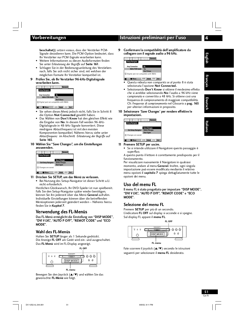 4vorbereitungen istruzioni preliminari per l’uso, Verwendung des fl-menüs, Uso del menu fl | Wahl des fl-menüs, Selezione del menu fl, English fr ançais deut sch it aliano | Marantz DV-12S2 User Manual | Page 51 / 188