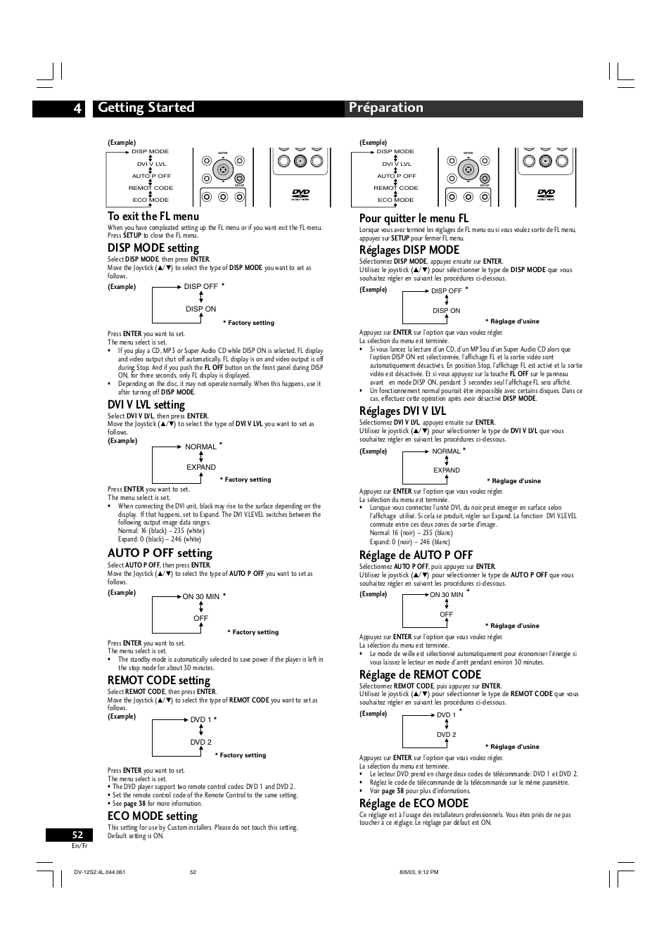 Getting started 4 préparation, Auto p off setting, Disp mode setting | Dvi v lvl setting, Pour quitter le menu fl, Réglages disp mode, Réglages dvi v lvl, Réglage de eco mode, Réglage de auto p off, Réglage de remot code | Marantz DV-12S2 User Manual | Page 52 / 188