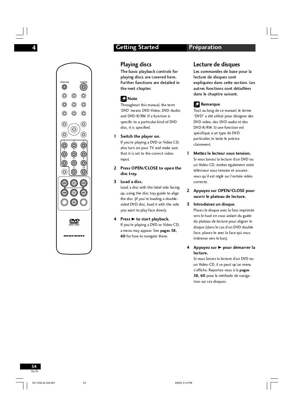 Getting started 4 préparation, Playing discs, Lecture de disques | Marantz DV-12S2 User Manual | Page 54 / 188