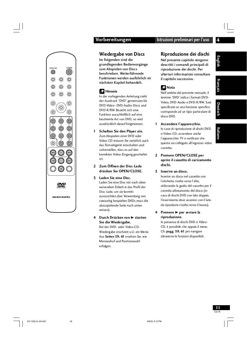 4vorbereitungen istruzioni preliminari per l’uso, Wiedergabe von discs, Riproduzione dei dischi | Marantz DV-12S2 User Manual | Page 55 / 188