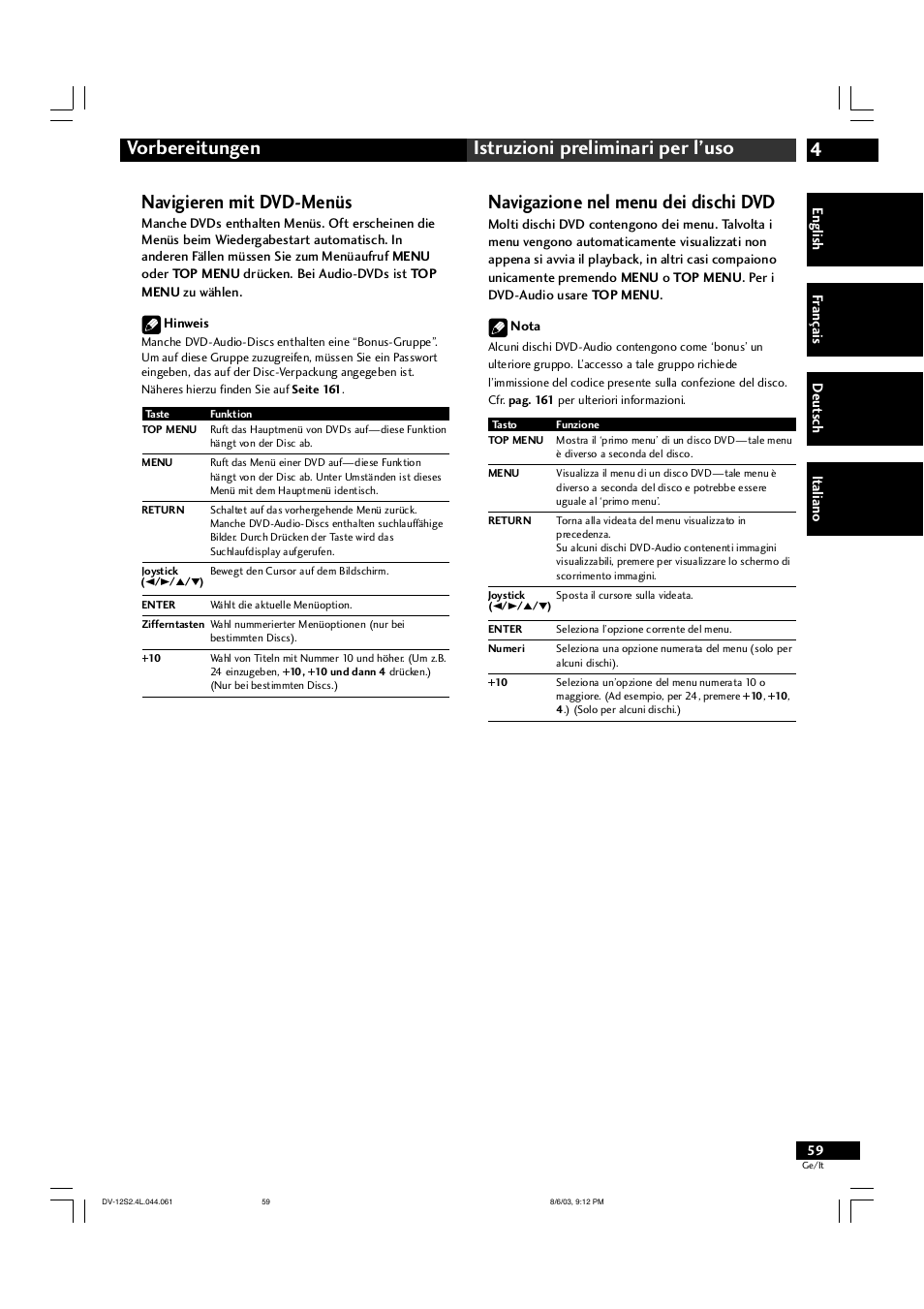 4vorbereitungen istruzioni preliminari per l’uso, Navigieren mit dvd-menüs, Navigazione nel menu dei dischi dvd | Marantz DV-12S2 User Manual | Page 59 / 188