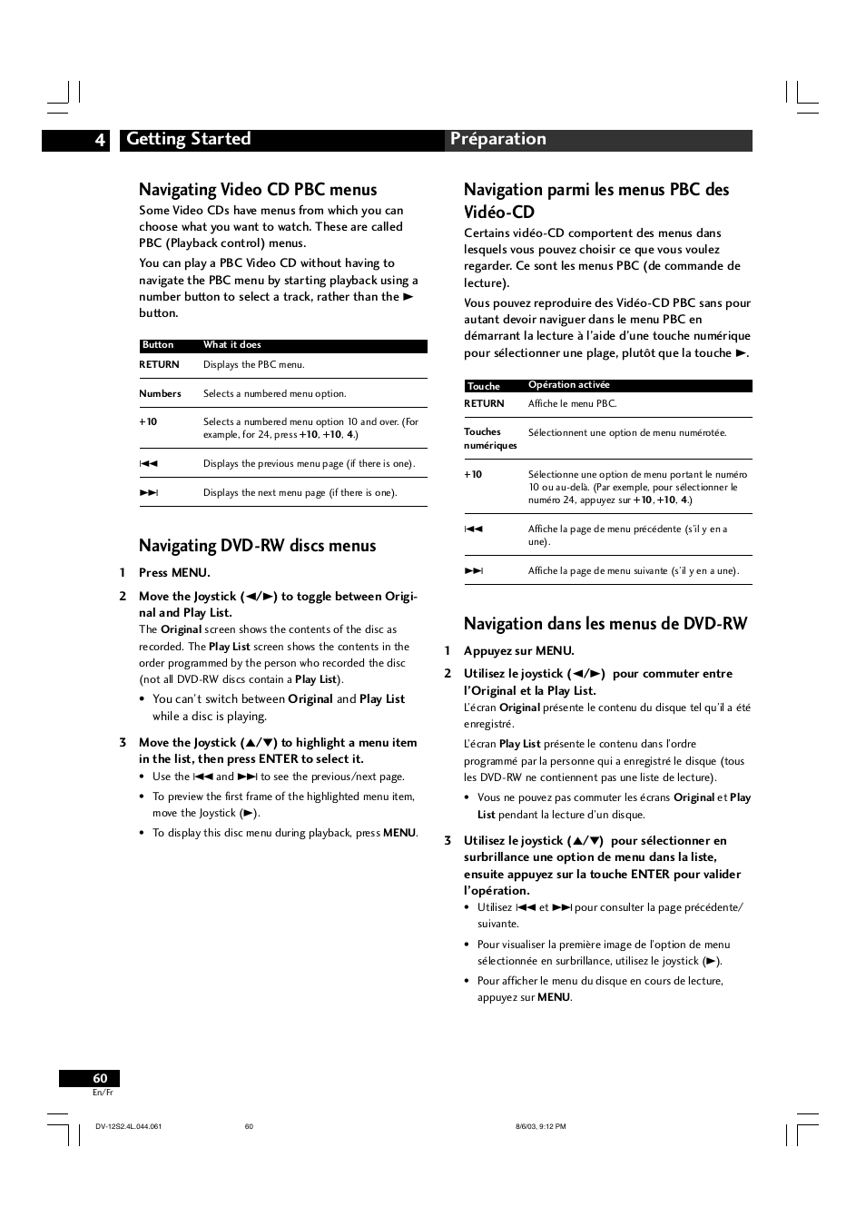 Getting started 4 préparation, Navigating video cd pbc menus, Navigating dvd-rw discs menus | Navigation parmi les menus pbc des vidéo-cd, Navigation dans les menus de dvd-rw | Marantz DV-12S2 User Manual | Page 60 / 188