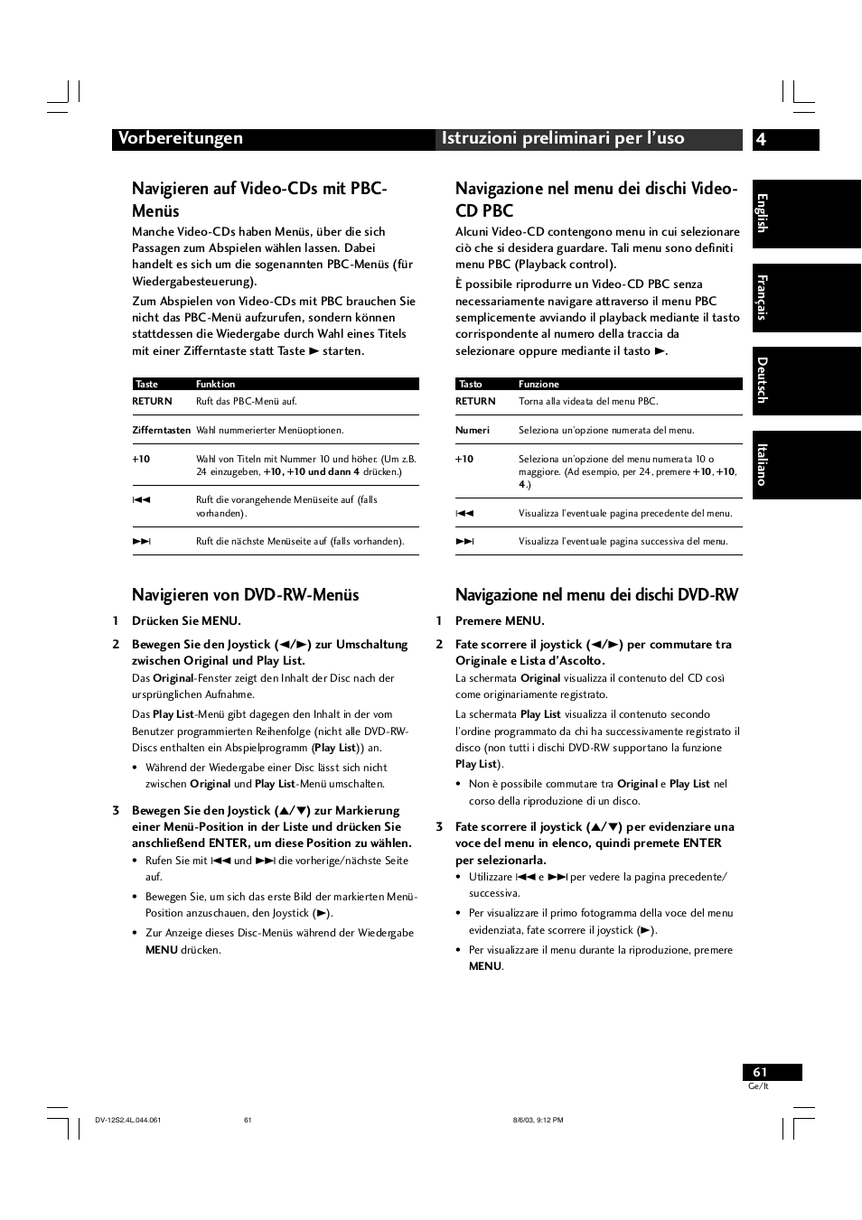 4vorbereitungen istruzioni preliminari per l’uso, Navigieren auf video-cds mit pbc- menüs, Navigieren von dvd-rw-menüs | Navigazione nel menu dei dischi video- cd pbc, Navigazione nel menu dei dischi dvd-rw | Marantz DV-12S2 User Manual | Page 61 / 188