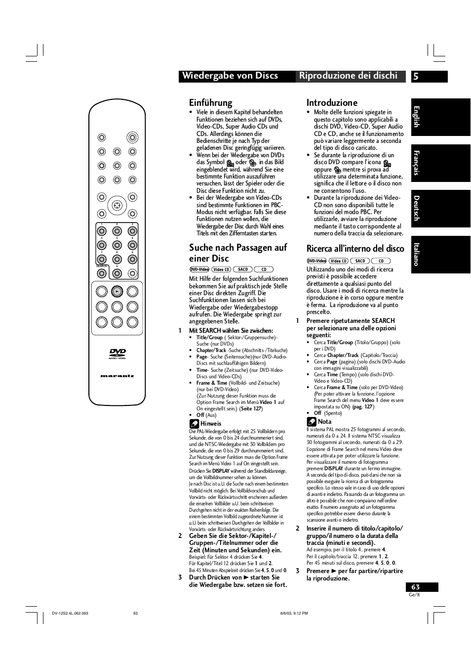 5wiedergabe von discs riproduzione dei dischi, Einführung, Suche nach passagen auf einer disc | Introduzione, Ricerca all’interno del disco | Marantz DV-12S2 User Manual | Page 63 / 188