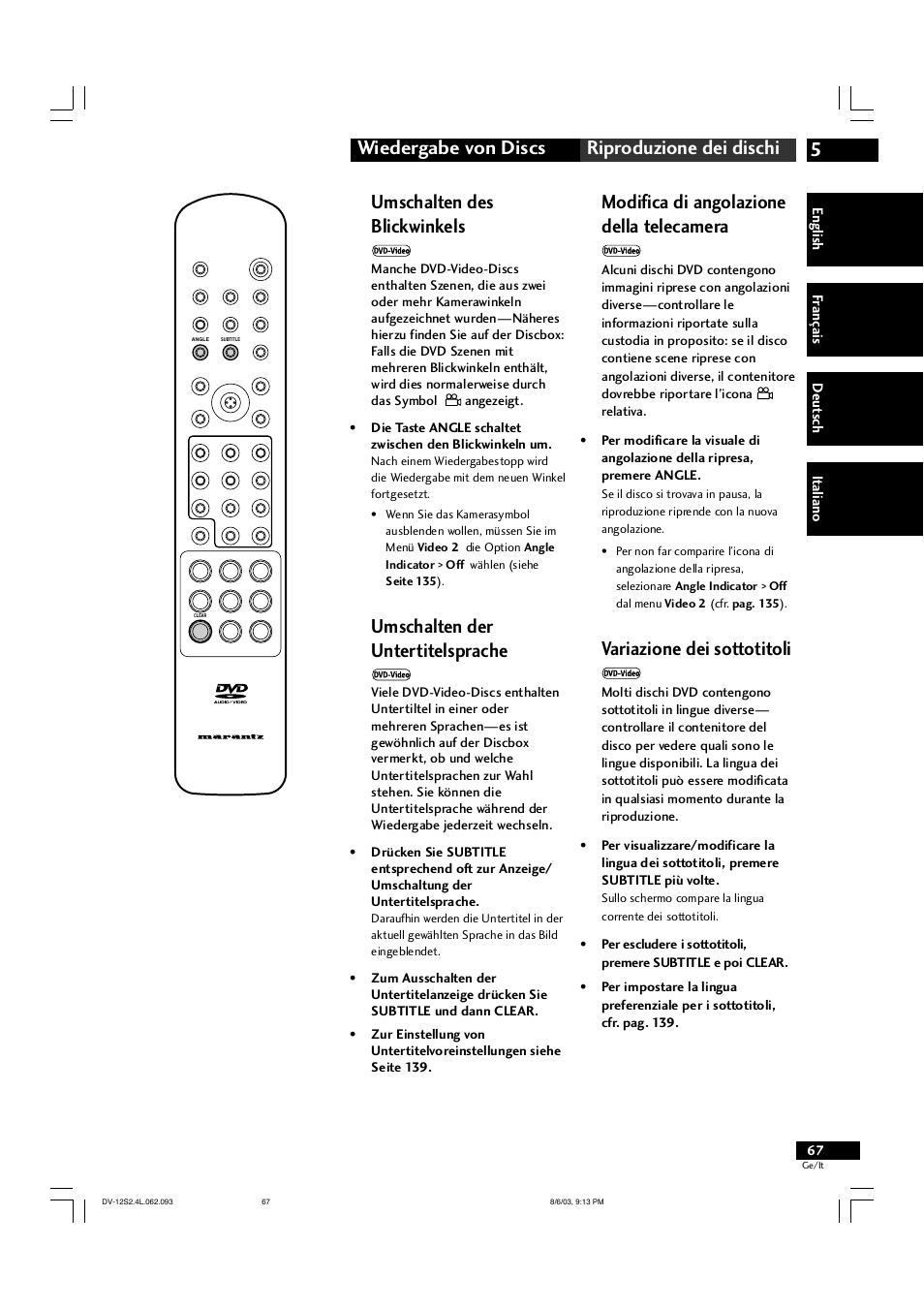 5wiedergabe von discs riproduzione dei dischi, Umschalten des blickwinkels, Umschalten der untertitelsprache | Modifica di angolazione della telecamera, Variazione dei sottotitoli | Marantz DV-12S2 User Manual | Page 67 / 188