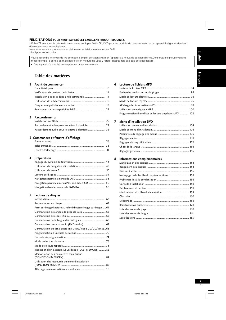 Marantz DV-12S2 User Manual | Page 7 / 188