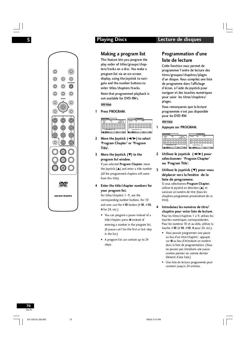 Playing discs 5 lecture de disques, Programmation d’une liste de lecture, Making a program list | Marantz DV-12S2 User Manual | Page 70 / 188