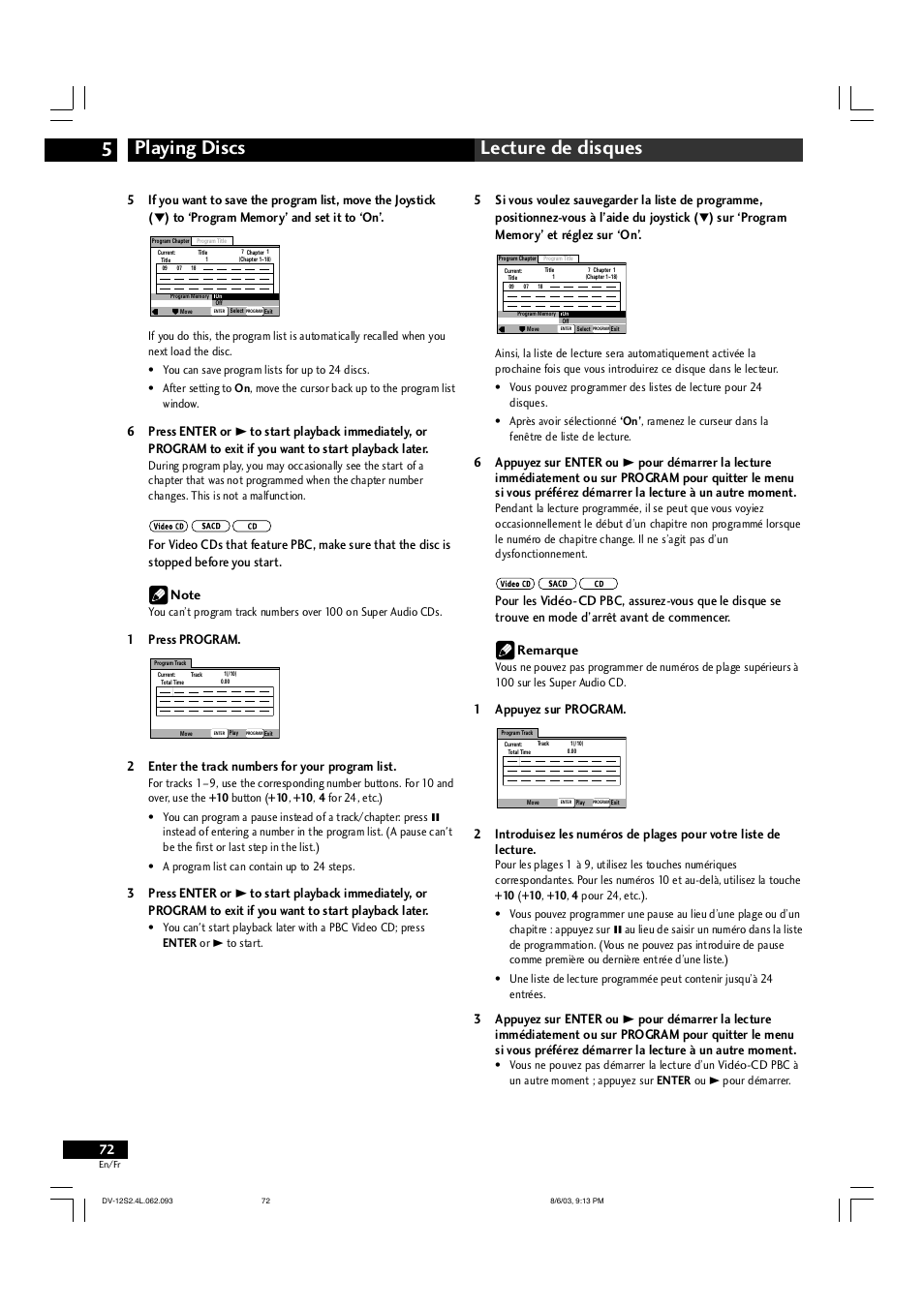 Playing discs 5 lecture de disques, 1appuyez sur program, 1press program | 2enter the track numbers for your program list | Marantz DV-12S2 User Manual | Page 72 / 188