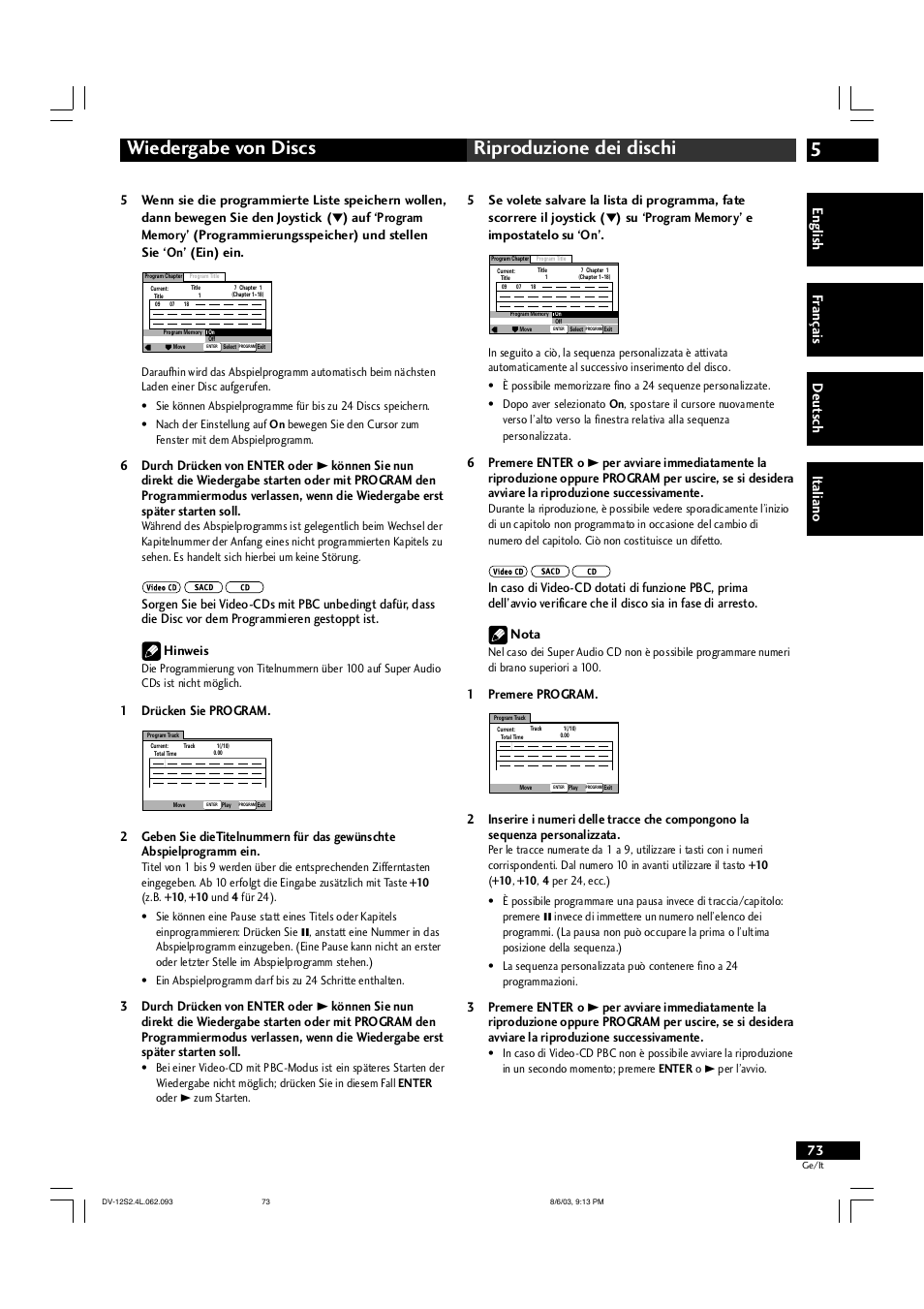 5wiedergabe von discs riproduzione dei dischi, English fr ançais deut sch it aliano, 1drücken sie program | 1premere program | Marantz DV-12S2 User Manual | Page 73 / 188