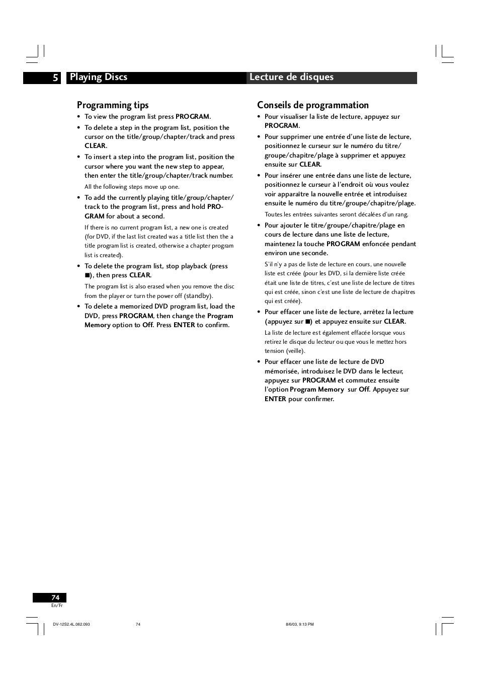 Playing discs 5 lecture de disques, Programming tips, Conseils de programmation | Marantz DV-12S2 User Manual | Page 74 / 188