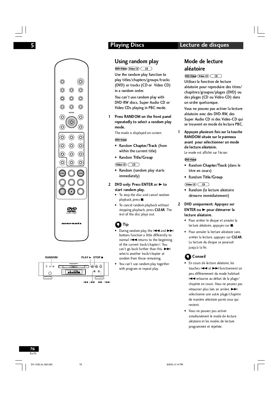 Playing discs 5 lecture de disques, Using random play, Mode de lecture aléatoire | Marantz DV-12S2 User Manual | Page 76 / 188