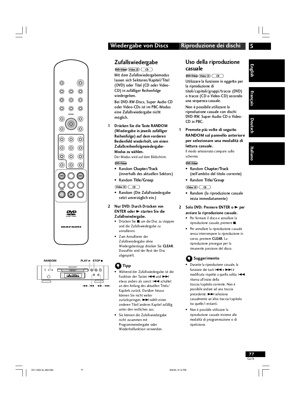 5wiedergabe von discs riproduzione dei dischi, Zufallswiedergabe, Uso della riproduzione casuale | Marantz DV-12S2 User Manual | Page 77 / 188