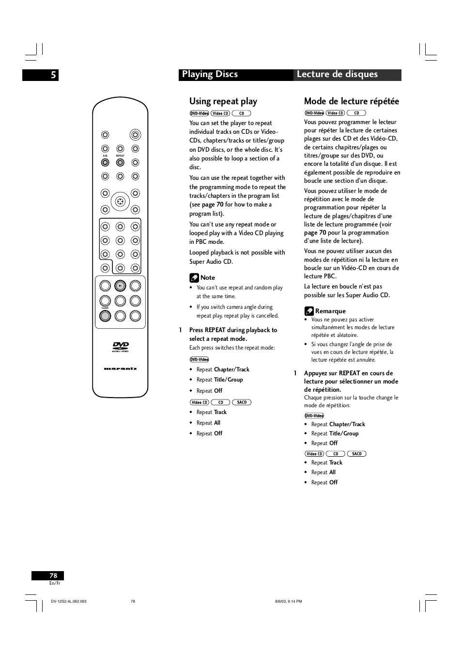 Playing discs 5 lecture de disques, Mode de lecture répétée, Using repeat play | Marantz DV-12S2 User Manual | Page 78 / 188