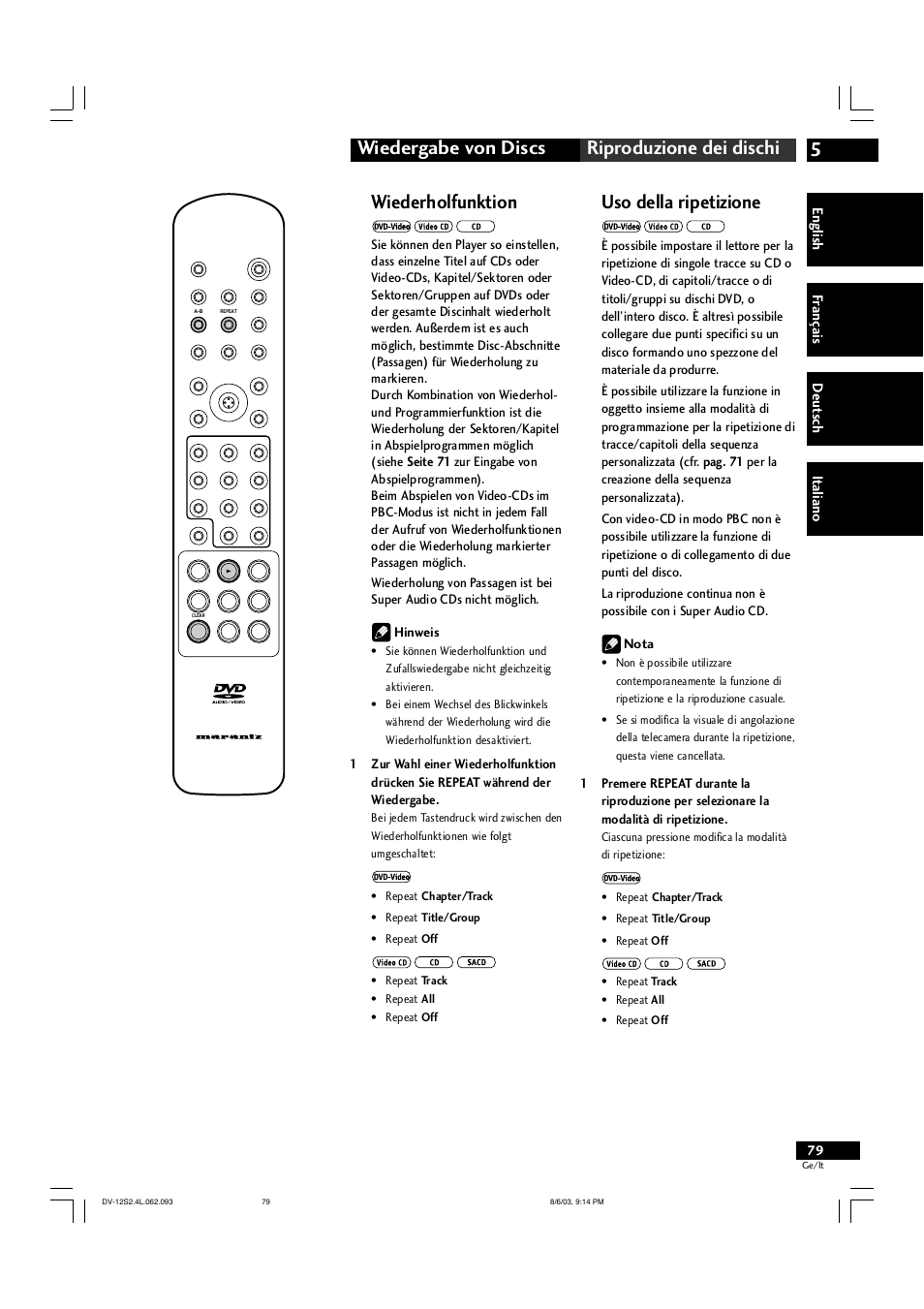 5wiedergabe von discs riproduzione dei dischi, Wiederholfunktion, Uso della ripetizione | Marantz DV-12S2 User Manual | Page 79 / 188