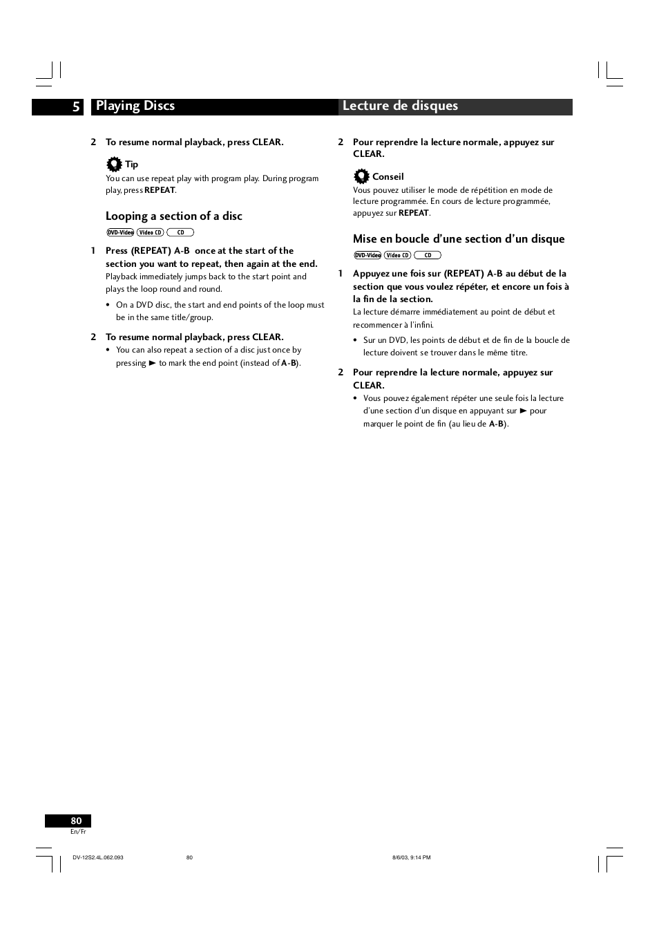 Playing discs 5 lecture de disques | Marantz DV-12S2 User Manual | Page 80 / 188