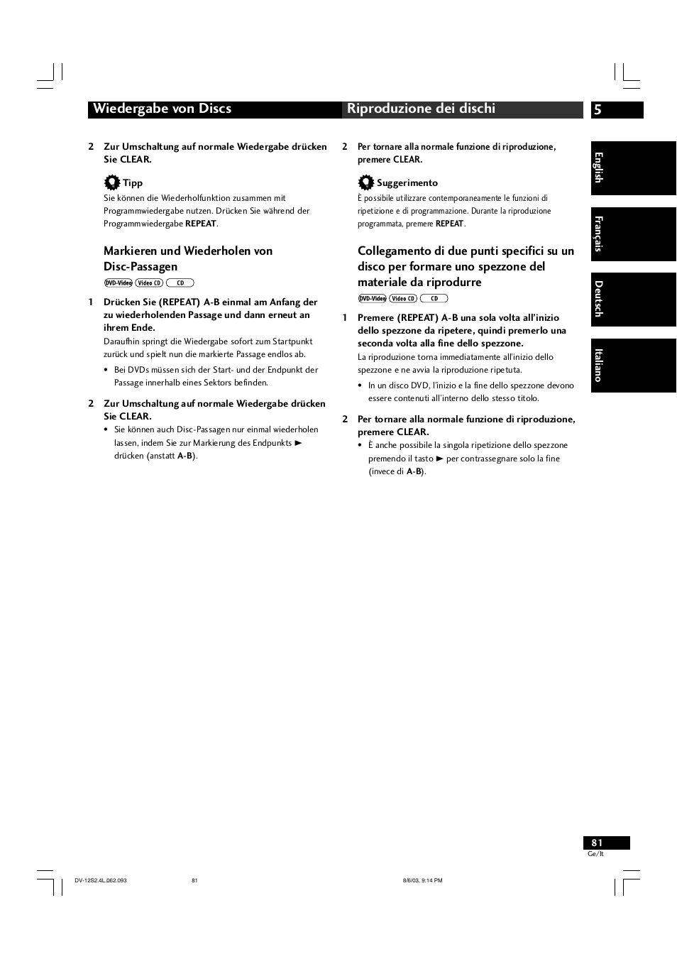 5wiedergabe von discs riproduzione dei dischi, Markieren und wiederholen von disc-passagen | Marantz DV-12S2 User Manual | Page 81 / 188