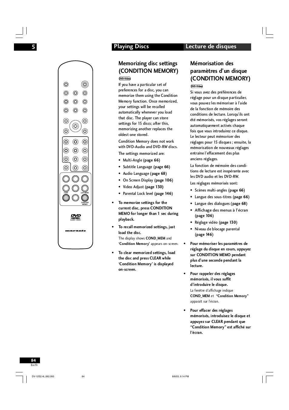 Playing discs 5 lecture de disques | Marantz DV-12S2 User Manual | Page 84 / 188