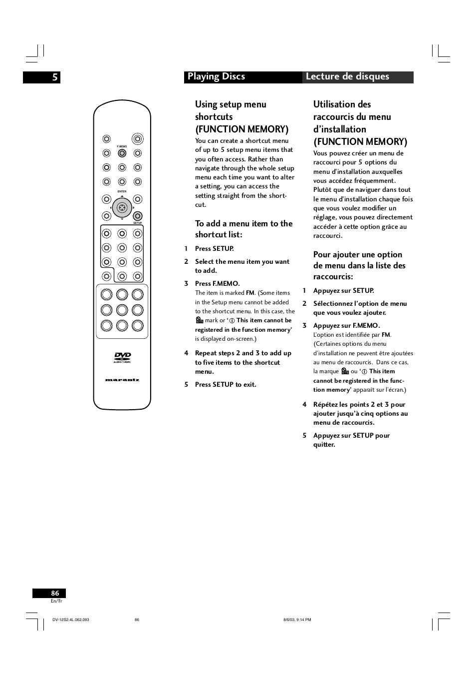 Playing discs 5 lecture de disques | Marantz DV-12S2 User Manual | Page 86 / 188